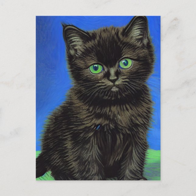 Van Gogh Style Black Kitten Holiday Postcard (Front)