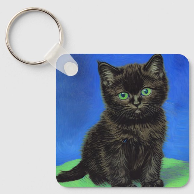 Van Gogh Style Black Kitten Key Ring (Front)