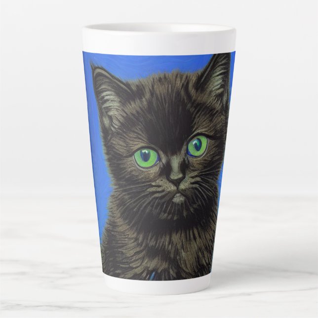 Van Gogh Style Black Kitten Latte Mug (Front)
