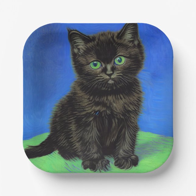 Van Gogh Style Black Kitten Paper Plate (Front)