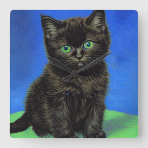 Van Gogh Style Black Kitten Square Wall Clock