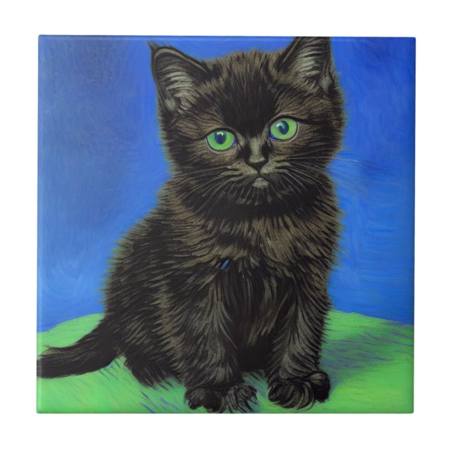 Van Gogh Style Black Kitten Tile (Front)