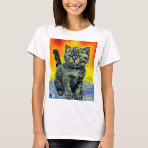 Van Gogh Style Cat Sunset Beach T-Shirt