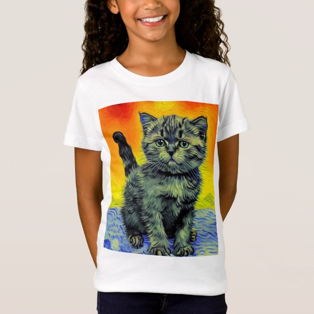 Van Gogh Style Cat Sunset Beach T-Shirt (Front)