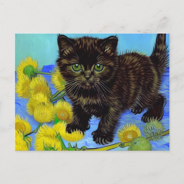 Van Gogh Style Cat with Sunflowers Holiday Postcard (Front)