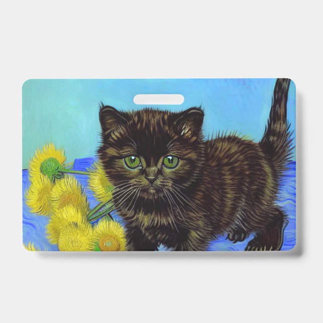 Van Gogh Style Cat with Sunflowers ID Badge (Front)