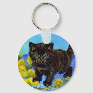 Van Gogh Style Cat with Sunflowers Key Ring