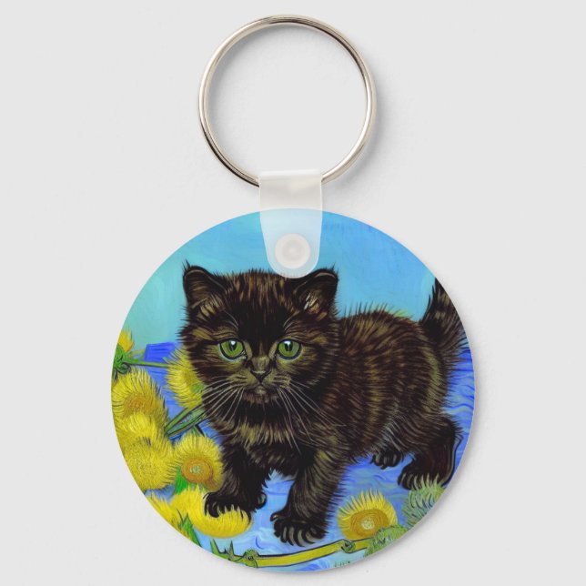 Van Gogh Style Cat with Sunflowers Key Ring (Front)