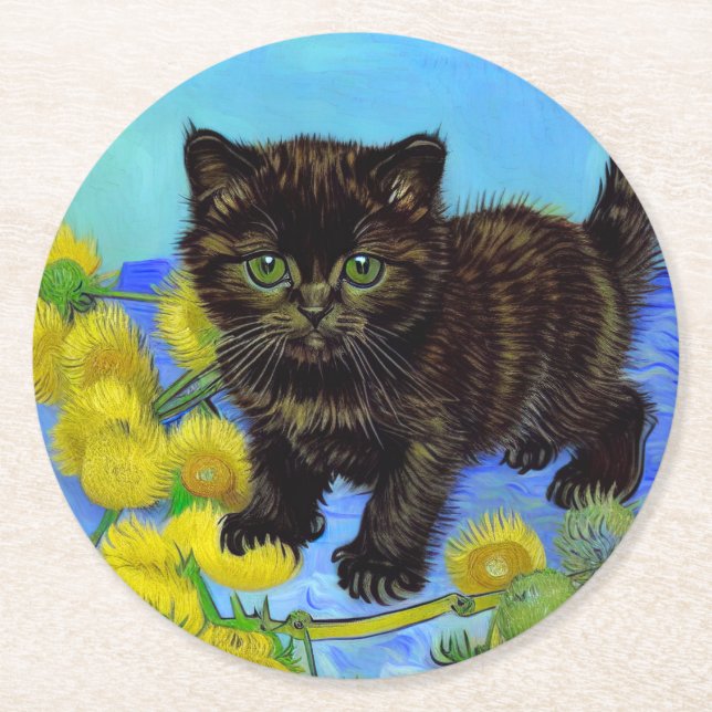 Van Gogh Style Cat with Sunflowers Round Paper Coaster (Front)