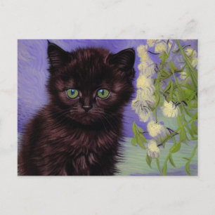 Van Gogh Style Cat with White Flowers Postcard