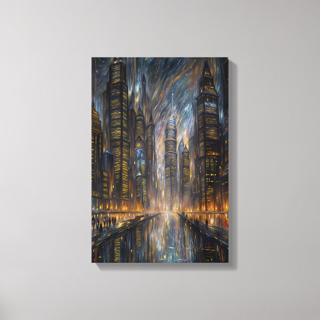 Van Gogh Style Futuristic Cityscape Art Canvas Print (Front)