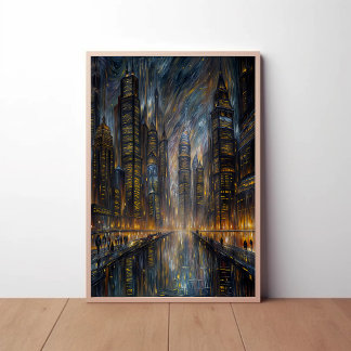 Van Gogh Style Futuristic Cityscape Art Poster