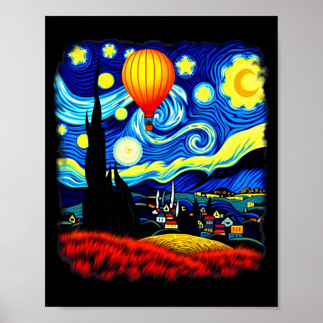 Van Gogh Style Hot Air Balloon Starry Night  Poster (Front)