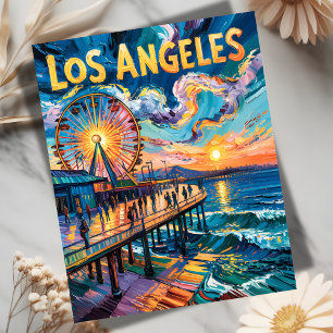 Van Gogh Style Los Angeles Pier Sunset Travel Postcard