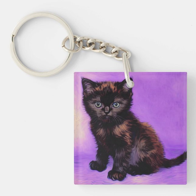 Van Gogh Style Purple Cat Key Ring (Front)
