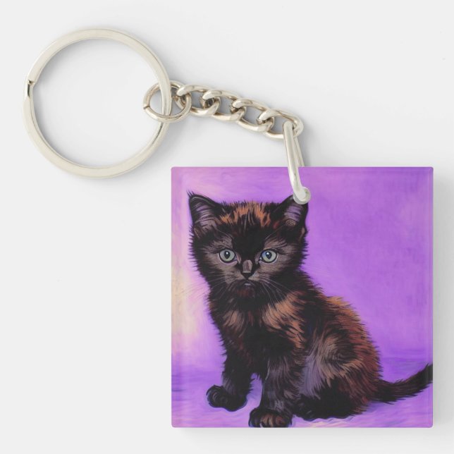 Van Gogh Style Purple Cat Key Ring (Front)