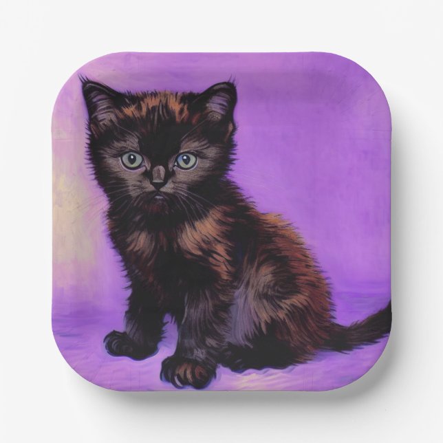 Van Gogh Style Purple Cat Paper Plate (Front)