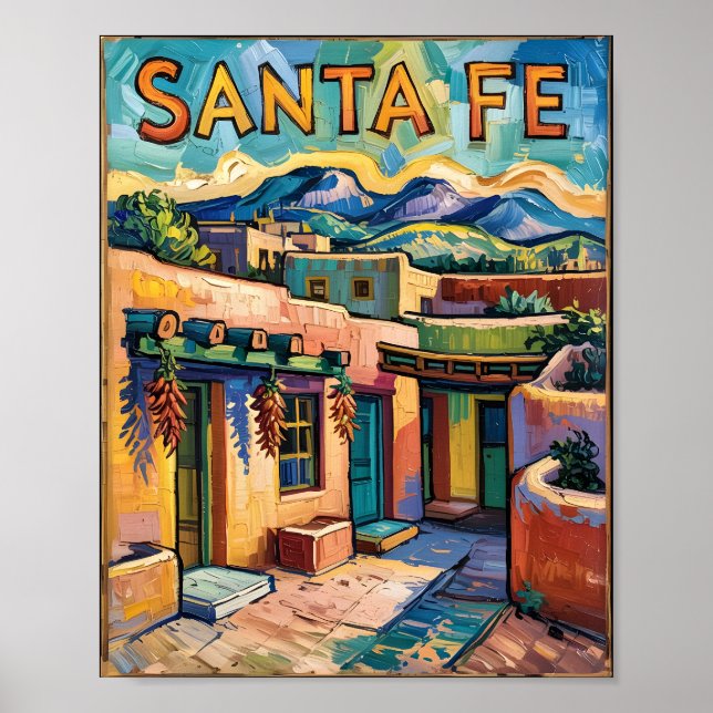 Van Gogh Style Santa Fe Travel Art with Adobe Home Poster (Front)