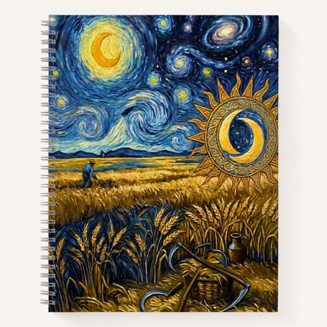 Van Gogh Style Starry Harvest Wheat Field Poster Notebook (Front)