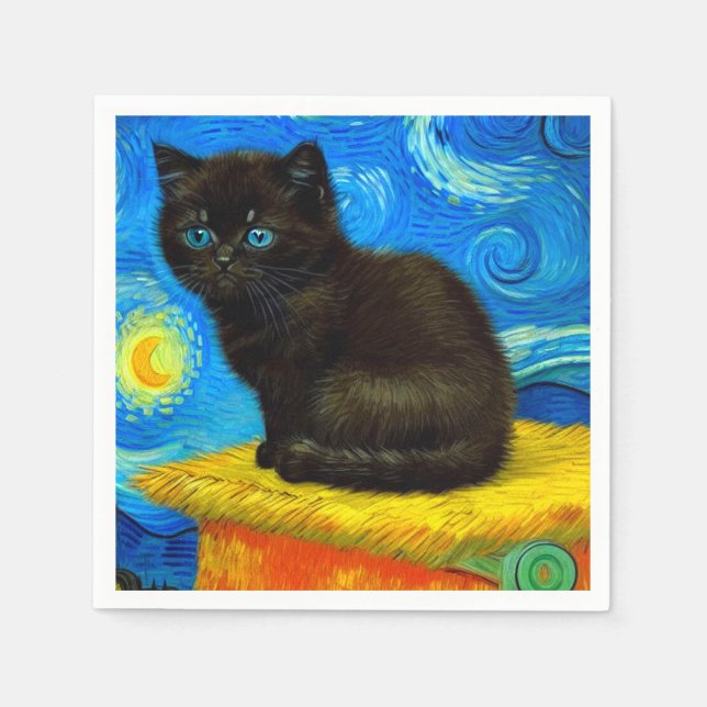Van Gogh Style Starry Night Cat Napkin (Front)