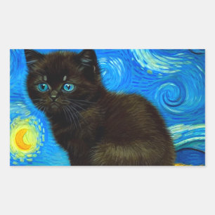 Van Gogh Style Starry Night Cat Rectangular Sticker