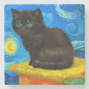 Van Gogh Style Starry Night Cat Stone Coaster