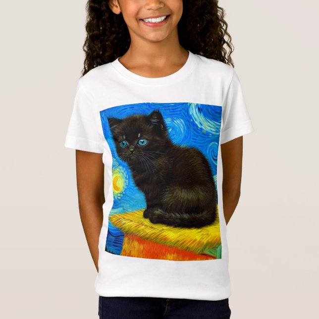 Van Gogh Style Starry Night Cat T-Shirt (Front)