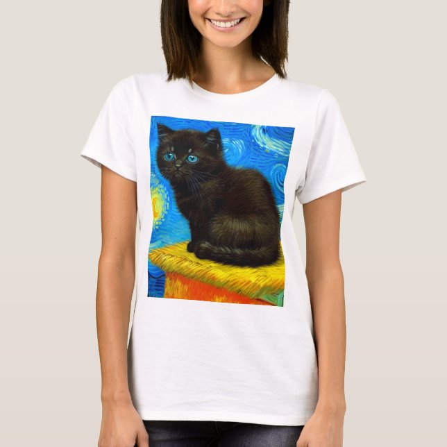 Van Gogh Style Starry Night Cat T-Shirt (Front)