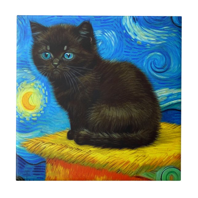 Van Gogh Style Starry Night Cat Tile (Front)