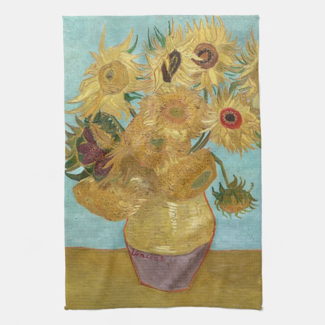 Van Gogh Sunflowers - Blue & Yellow Impressionism Tea Towel (Vertical)
