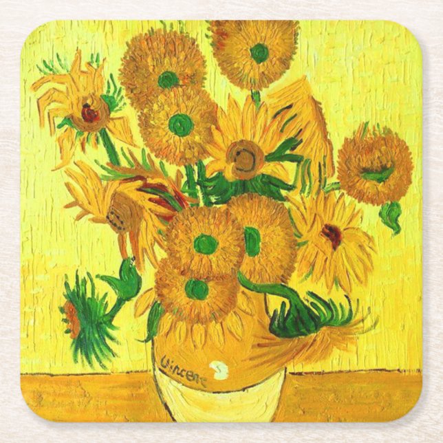 Van Gogh Sunflowers Square Paper Coaster (Front)