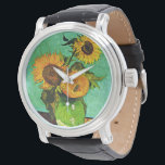 Van Gogh - Sunflowers three, famous painting, Watch<br><div class="desc">Vincent van Gogh painting: Still life vase with three sunflowers wristwatch.  VIRGINIA5050,  custom-designed products and gifts at www.zazzle.com/virginia5050*,  PaulKleeGiftShop,  InternationalGifts,  RetirementGiftStore,  BirthdayGiftStore,  ILoveGiftStore,  and FloridaGiftStore.zazzle.com/FloridaGiftStore.</div>
