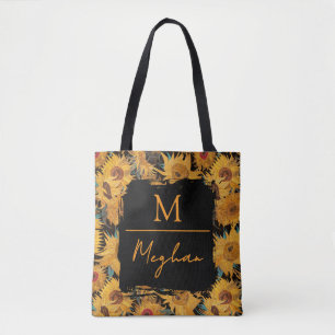 Van Gogh Sunflowers Yellow Black Monogram Tote Bag
