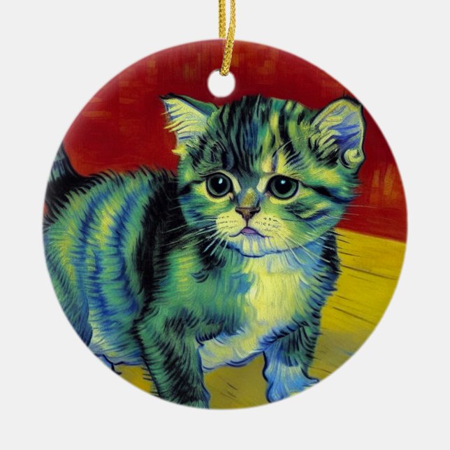 Van Gogh Tabby Cat Ceramic Tree Decoration (Front)