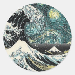 Van Gogh The Starry Night - Hokusai The Great Wave Classic Round Sticker