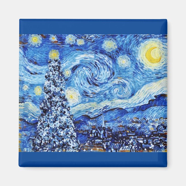 Van Gogh - The Starry Night - White Christmas Post Magnet (Front)