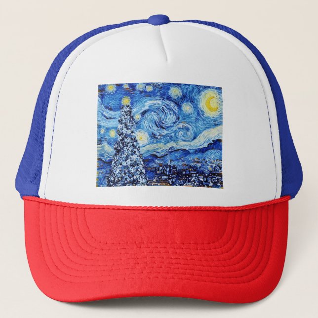 Van Gogh - The Starry Night - White Christmas Post Trucker Hat (Front)