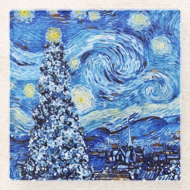 Van Gogh - The Starry Night - White Christmas Thro Glass Coaster (Front)
