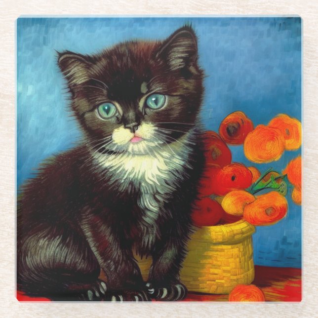 Van Gogh Tuxedo Cat  Glass Coaster (Front)