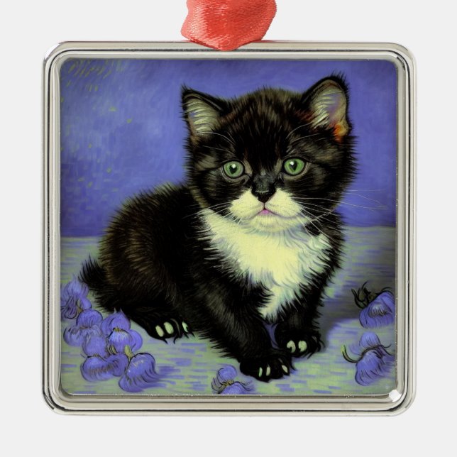 Van Gogh Tuxedo Kitten Metal Tree Decoration (Front)