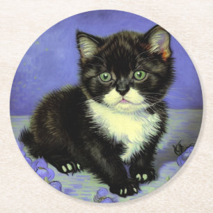 Van Gogh Tuxedo Kitten Round Paper Coaster
