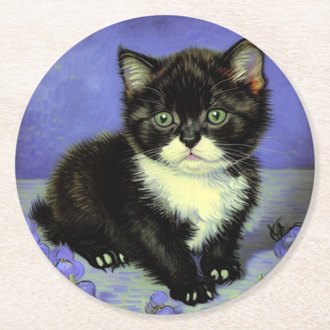Van Gogh Tuxedo Kitten Round Paper Coaster (Front)