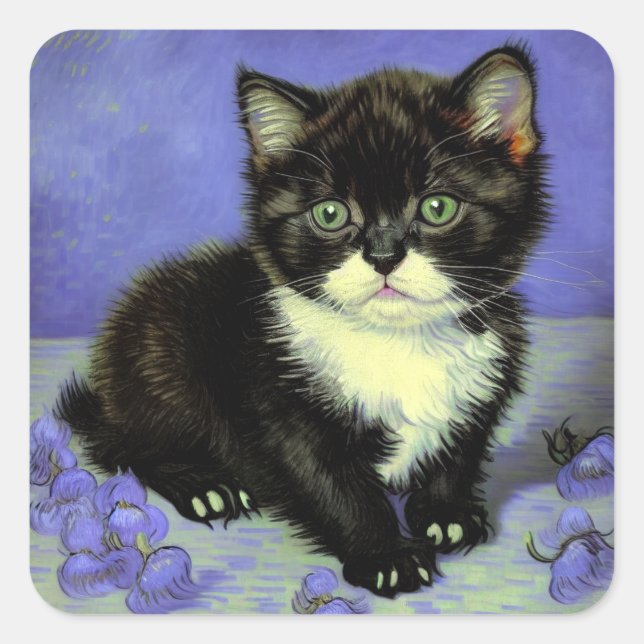 Van Gogh Tuxedo Kitten Square Sticker (Front)