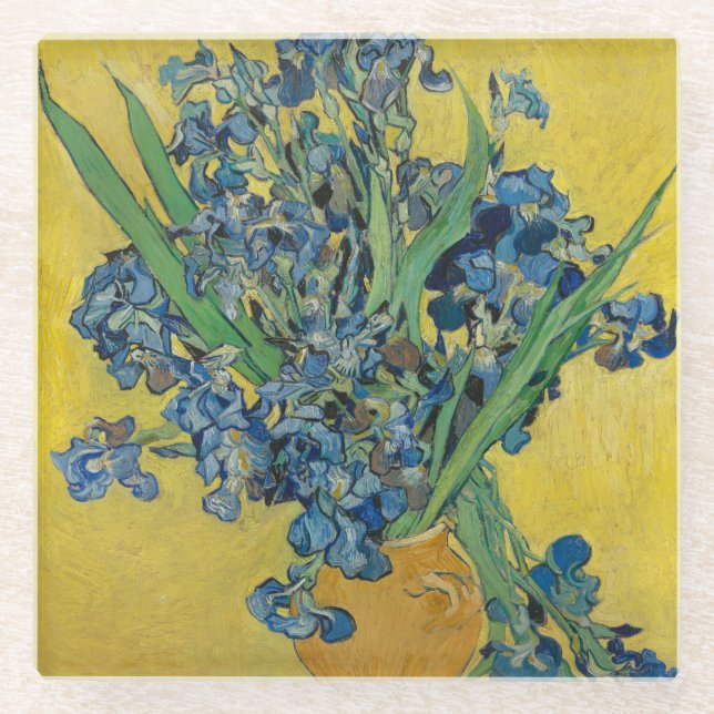Van Gogh Vase with Irises Classic Impressionism Glass Coaster (Front)