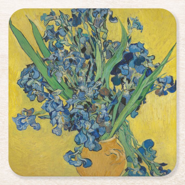Van Gogh Vase with Irises Classic Impressionism Square Paper Coaster (Front)