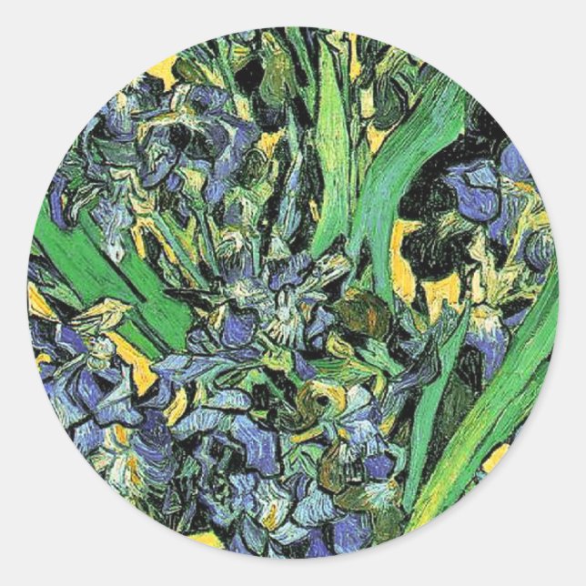 Van Gogh - Vase with Irises Yellow Background Classic Round Sticker (Front)