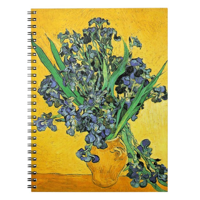 Van Gogh - Vase with Irises Yellow Background Spiral Notebook (Front)