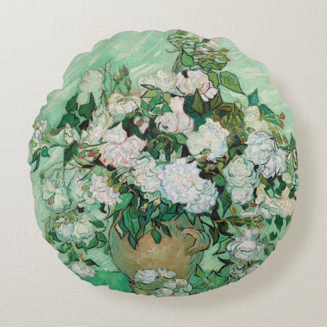 Van Gogh Vase with Pink Roses Vintage Floral Art Round Cushion (Front)
