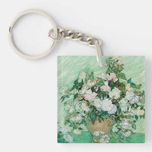 Van Gogh Vase with Pink Roses Vintage Flower Art Key Ring