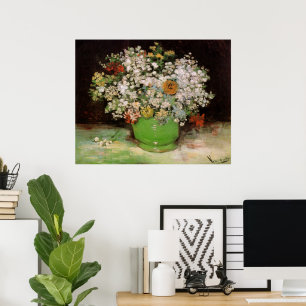 Van Gogh Vase with Zinnias and Flowers, Fine Art Poster